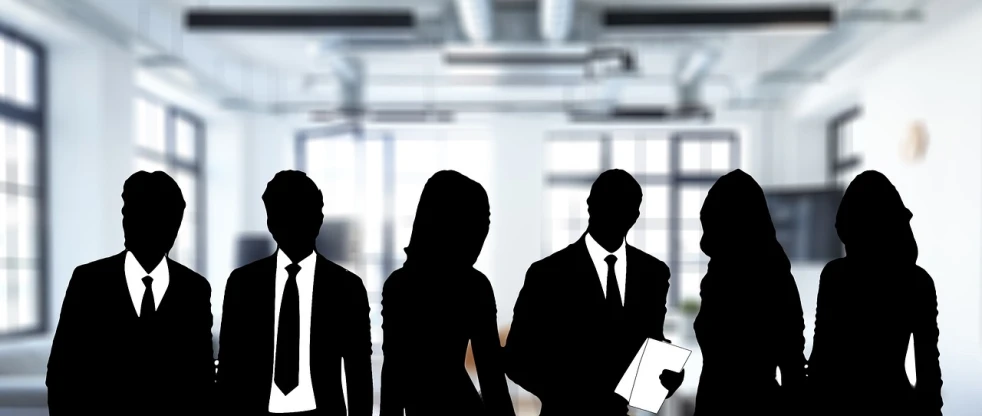 a group of business people standing next to each other, a picture, by Mirko Rački, pixabay, silhouette :7, corner office background, official illustration, actress