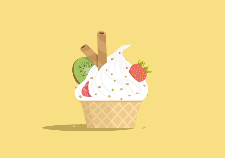 a cup of ice cream with strawberries and kiwi, concept art, flat design, golden, whipped cream, luscious with sesame seeds