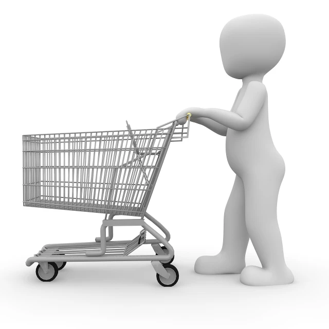 a person pushing a shopping cart on a white background, a digital rendering, by Harold Elliott, trending on pixabay, gray anthropomorphic, ivory, photo taken on a nikon, secondlife