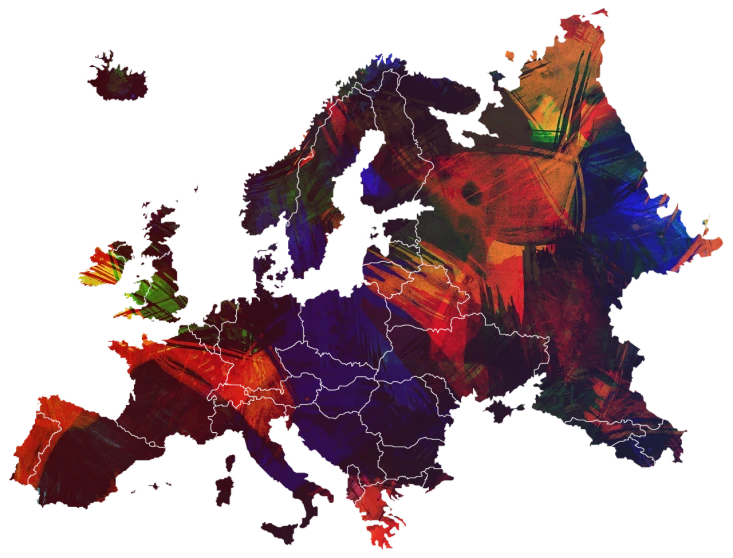 a close up of a map of europe, digital art, by Eugeniusz Zak, modern european ink painting, databending, the background is black, 4k high res, vacation photo