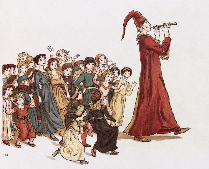 a drawing of a man standing in front of a crowd of people, a storybook illustration, by Randolph Caldecott, shutterstock, renaissance, red dress and magic witch hat, holding a bagpipe, elves, school class