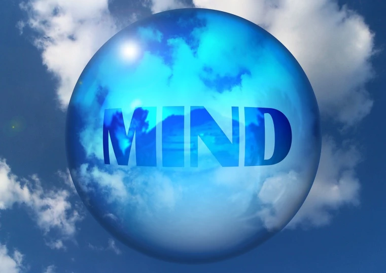 a blue ball with the word mind on it, a digital rendering, precisionism, sky with swirling clouds, breath taking beautiful, cool marketing photo, floating in a powerful zen state