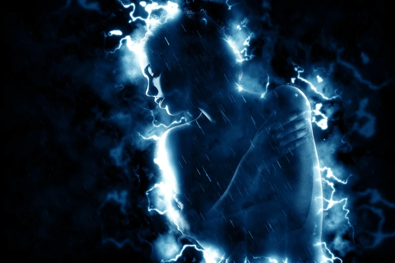 a man that is standing in the rain, digital art, digital art, crackling blue lightning, making love, mid shot photo