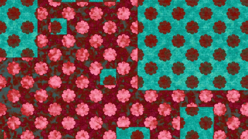 a close up of a piece of fabric with flowers on it, a digital rendering, inspired by Laura Wheeler Waring, deviantart, red and teal color scheme, scrapbook paper collage, three fourths view, set 1 8 6 0