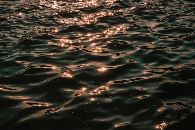 the sun shines brightly on the surface of the water, a picture, by Niko Henrichon, pexels, light and space, metallic flecks, dappled in evening light, flowing, intense details