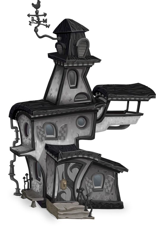 a black and white picture of a house, concept art, inspired by senior environment artist, polycount contest winner, conceptual art, steampunk ferret - shaped mech, digitally colored, tim burton style, 3/4 side view