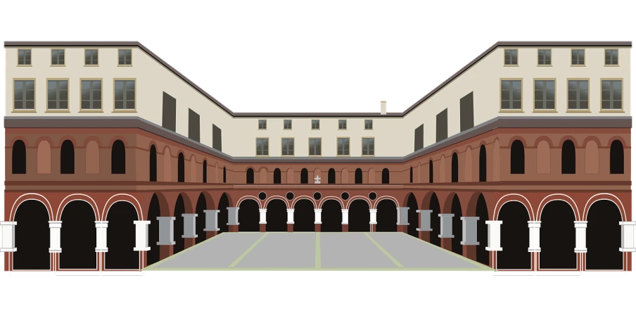 a building with a courtyard in front of it, a digital rendering, polycount, on a flat color black background, style of caravaggio, museum background, symmetrical realistic