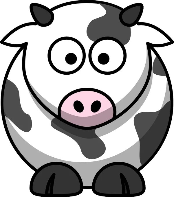 a black and white cow with a pink nose, pixabay, digital art, cereal mascot, sitting down casually, lumpy skin, disney cartoon face