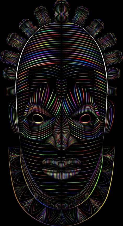 a drawing of a man's face on a black background, vector art, behance, afrofuturism, chromatic aberration!!!!!, west africa mask patterns style, 3 d neon art of a womens body, centered face shot