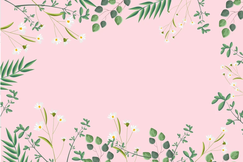 a pink background with white flowers and green leaves, wild foliage, card template, adorned with all kind of plants, without text
