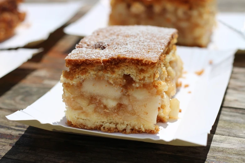 a piece of cake sitting on top of a piece of paper, by Edna Mann, shutterstock, apple pie, closeup photo, fair, bangalore