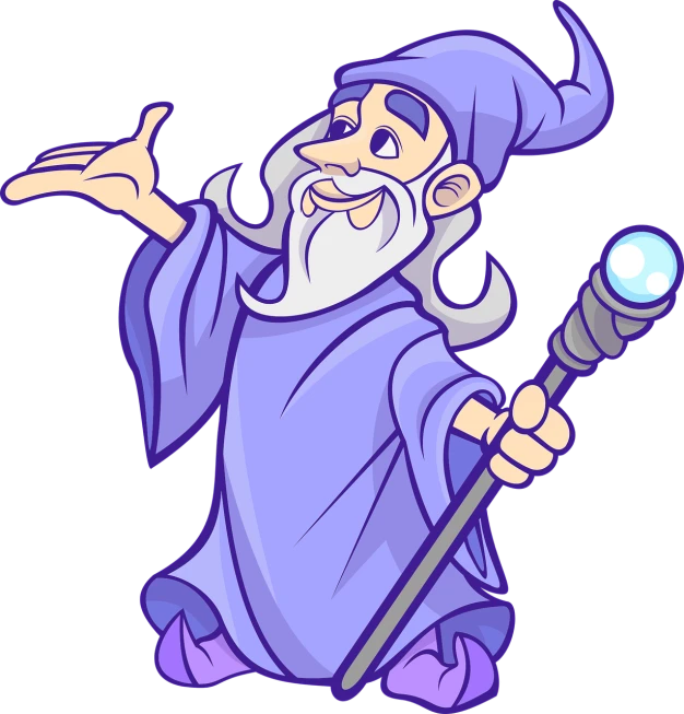 a wizard holding a wand and a crystal ball, cell shaded cartoon, purple, wise old man, spellcasting pose