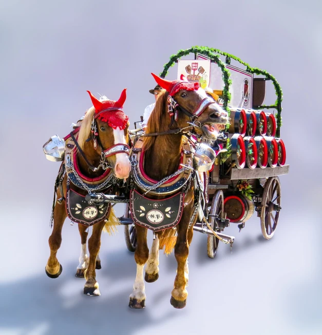 a couple of horses that are pulling a carriage, a tilt shift photo, by Matthias Weischer, folk art, on clear background, elaborately costumed, very coherent image, a horned