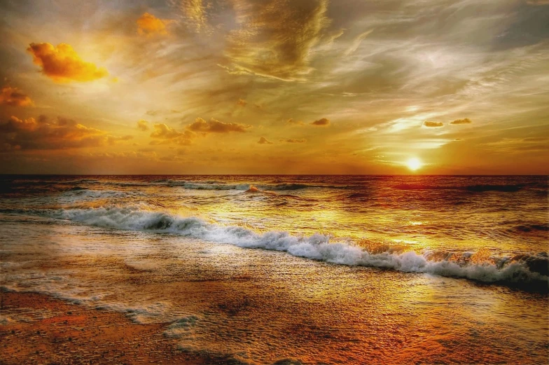 the sun is setting over the ocean on the beach, a picture, by Richard Hess, glistening gold, 4k serene, complexly detailed, warm saturatured colors