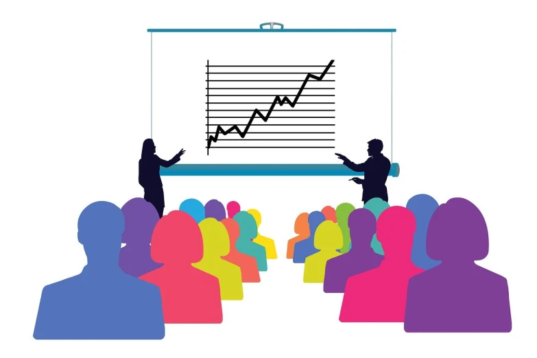 a man giving a presentation to a group of people, an illustration of, shutterstock, cinegraphic, stats, theater, high res