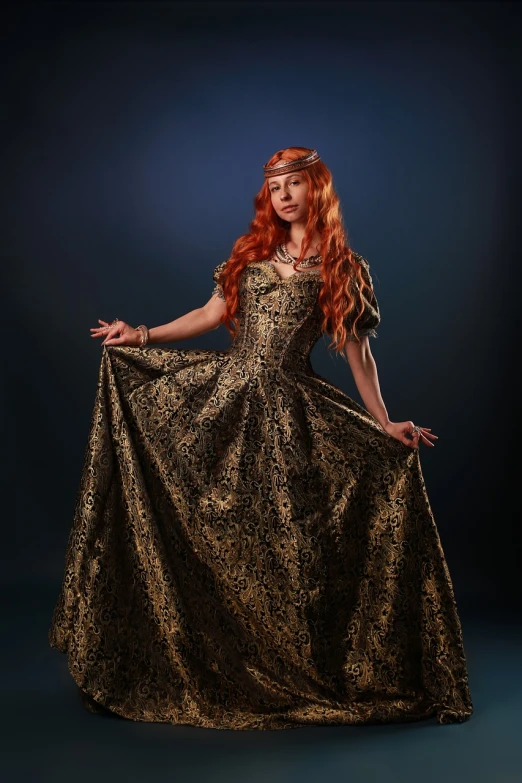 a woman in a long dress posing for a picture, inspired by John Collier, shutterstock, pre-raphaelitism, royal brocade dress, cute young redhead girl, historical baroque dress dark, long golden hair