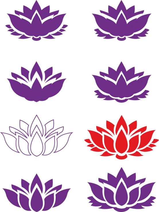 a variety of lotus flowers on a black background, inspired by Sesshū Tōyō, deviantart, purple and red colors, icons, with white kanji insignias, textless