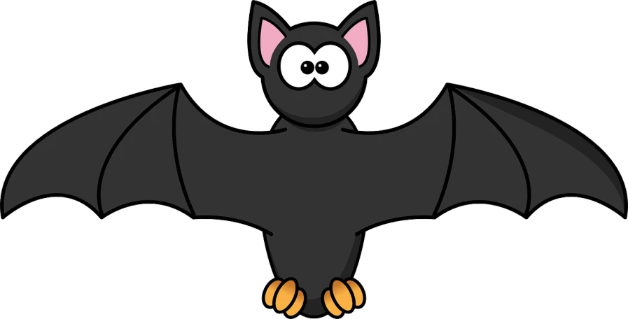 a cartoon bat with its wings spread out, a cartoon, pixabay, he is wearing a black, cute single animal, birds eye, halloween theme