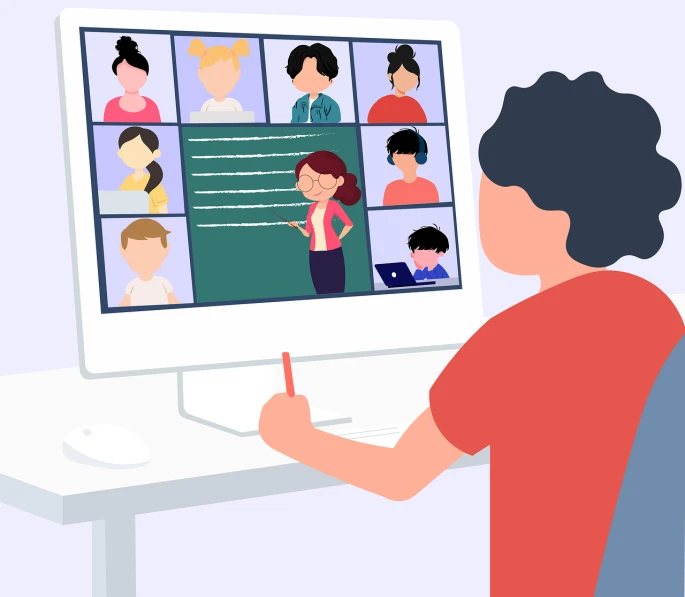 a person sitting in front of a computer screen, a computer rendering, by Whitney Sherman, shutterstock, school class, webcam, a group of people, whole page illustration