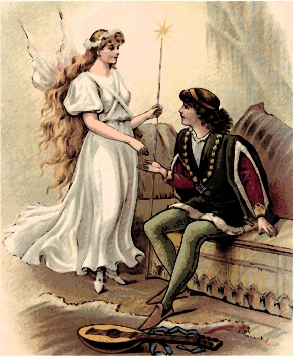 a man sitting on a bench next to a woman, an illustration of, by Hilde Goldschmidt, flickr, fairy queen, holding wand, restored color, romeo and juliet