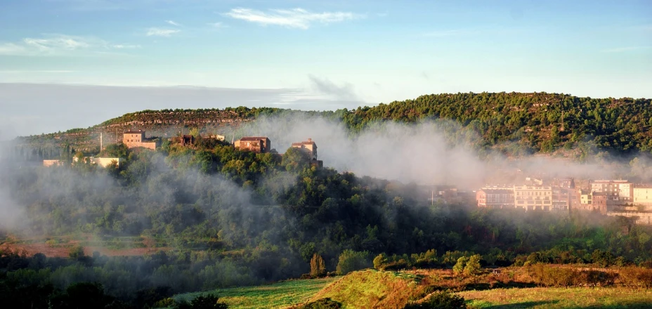 a view of a town from the top of a hill, by Dietmar Damerau, flickr, romanticism, morning mist, sienna, hideen village in the forest, terracotta