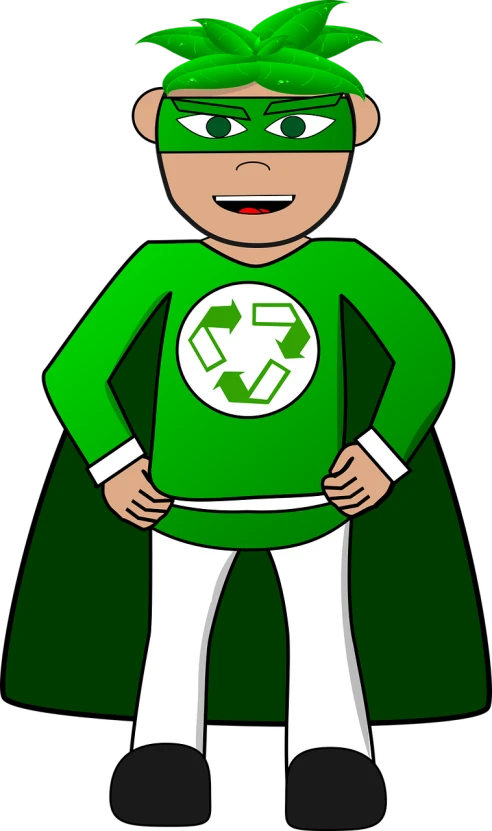 a cartoon boy wearing a green superhero costume, inspired by Luigi Kasimir, pixabay, plasticien, full figured mother earth, recycled, stock photo, trash