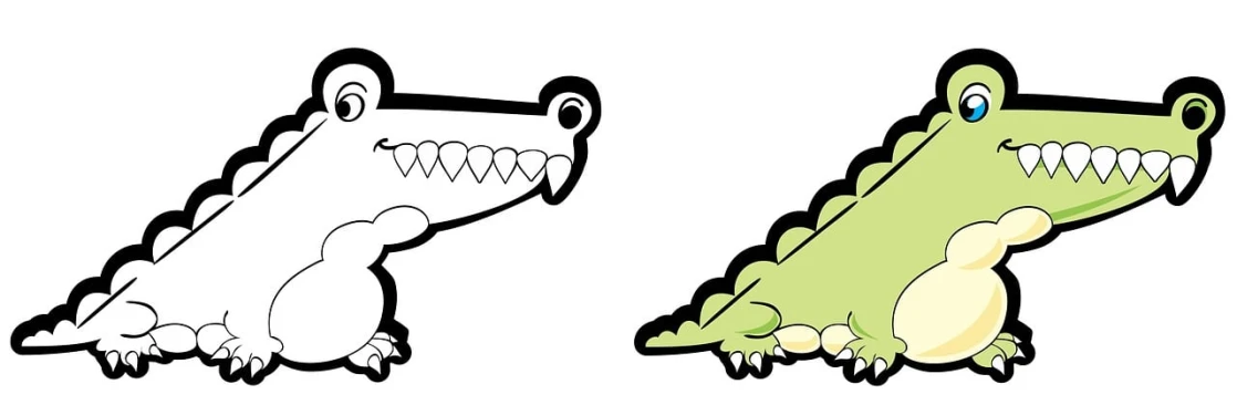 two cartoon crocodiles sitting next to each other, vector art, by Tom Carapic, trending on pixabay, knife - like teeth, shot with a camera flash, white outline, similar to pokemon