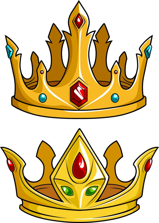 two golden crowns on a black background, concept art, polycount, adventure time cartoon, jewel embellishment, no gradients, great king of stovokor