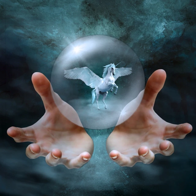 a person holding a crystal ball with a white horse in it, digital art, by Jan Rustem, shutterstock, flying mythical beasts, stock photo