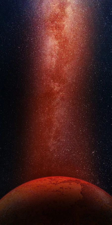 a red planet with a bright star in the sky, a microscopic photo, pexels, space art, iphone 15 background, arching milkyway, gradient brown to red, with the sky full of stars