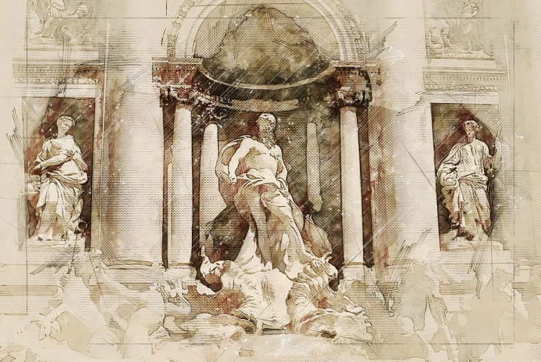 a drawing of a statue in front of a building, a statue, by Antonio Rotta, trending on pixabay, visual art, watercolor-wash, marble room, mixed media style illustration, greg tocchini