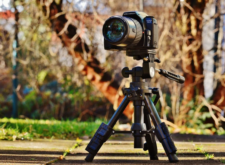 a camera that is sitting on a tripod, by Tom Carapic, shutterstock, hdr, various posed, against the backdrop of trees, hd footage