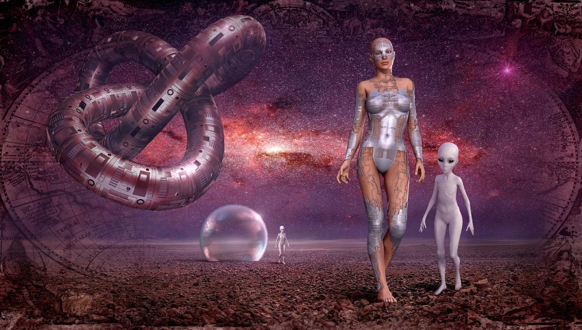 a couple of alien standing next to each other, digital art, inspired by Jim Burns, cg society contest winner, surrealism, perfect android girl family, snake woman hybrid, cyborg tech on body and legs, floating beside planets