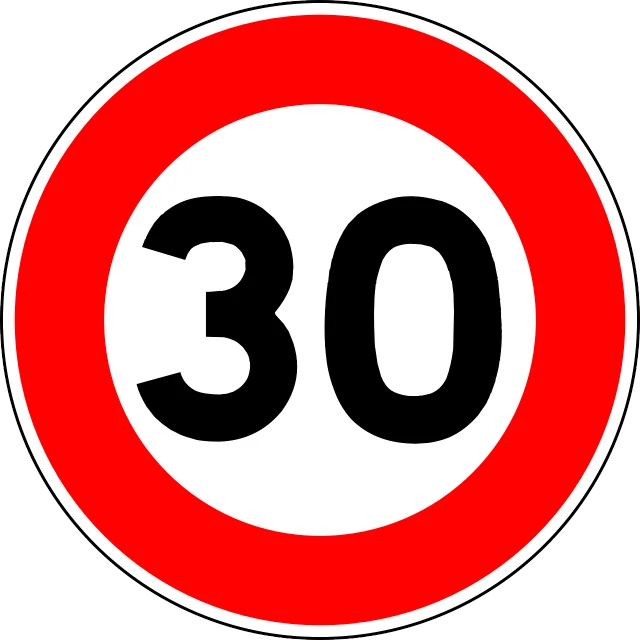 a red and white sign with the number 30 in it, by Jan Zrzavý, les automatistes, from wikipedia, hyperspeed, illustration!, 8 0 mm camara