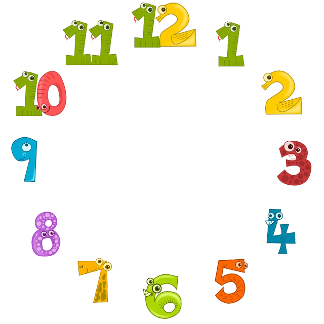 a clock made up of different colored numbers, mingei, muppet, ((((((((night)))))))) day time, twelve arms, circular shape