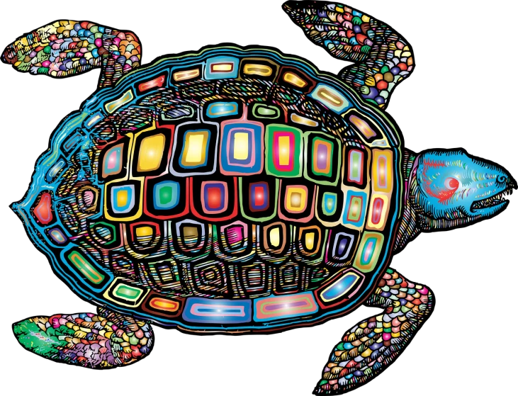 a painting of a colorful turtle on a black background, a digital rendering, by David G. Sorensen, cg society contest winner, toyism, cellular structures, mosaic, full device, 2011