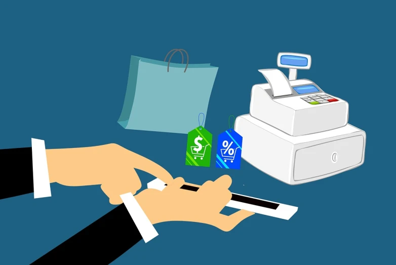 a hand that is holding a smart phone, an illustration of, by Android Jones, trending on pixabay, cash register, bags, brand colours are green and blue, exiting store