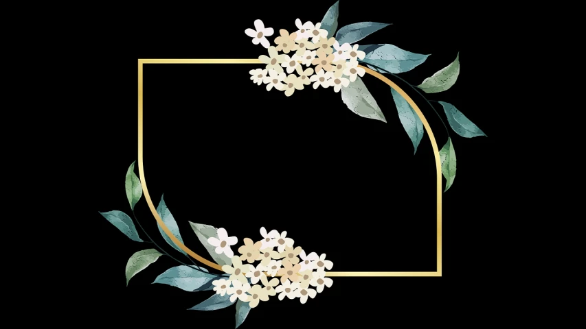 a square frame with white flowers and green leaves, a digital painting, shutterstock, art deco, gold and black color scheme, simple water color, logo without text, lilacs