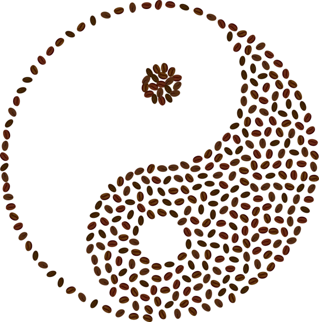 a yin sign made up of coffee beans, inspired by Shūbun Tenshō, pixabay, hurufiyya, golden ratio illustration, taoism, [[fantasy]], black