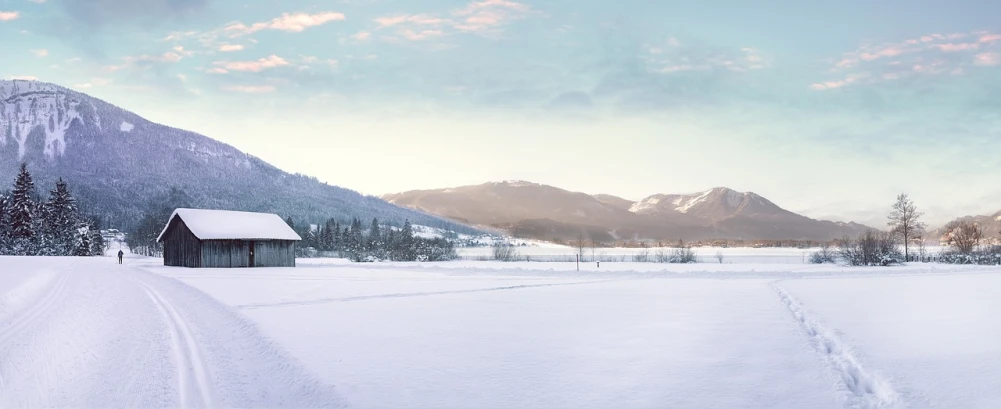 a small cabin sitting in the middle of a snow covered field, inspired by Jan Kupecký, pexels contest winner, fine art, panoramic widescreen view, valley, soft morning light, background image