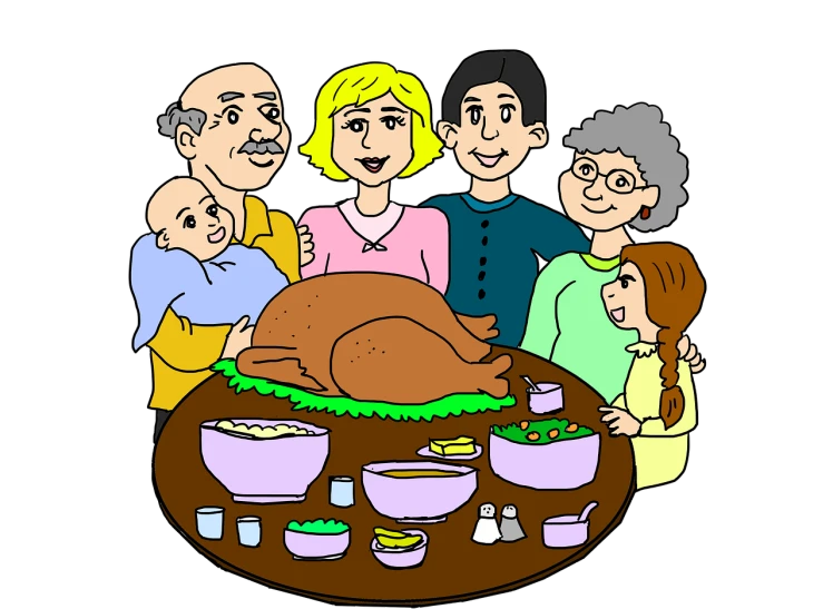 a family gathered around a turkey on a table, pixabay, naive art, black, head shot, outlined!!!, 2 d cg