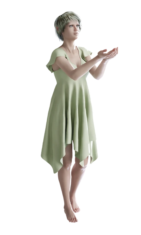 a statue of a woman in a green dress, a raytraced image, inspired by Ray Caesar, waving, 3 d demo reel avatar, pale young ghost girl, with a black background