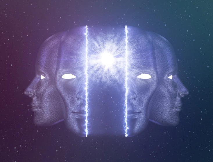 a close up of a person's face with a star in the background, a hologram, by Joseph Werner, shutterstock, detailed symmetrical faces, three heads, beautiful gemini twins, enlightenment. intricate