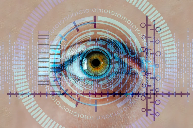 a close up of a person's eye, a digital rendering, holography, golden ratio face, future coder looking on, one eye is read, bio - mechanical intelligences