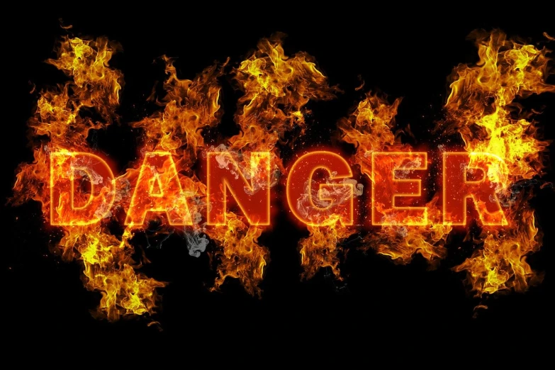 the word danger is written in flames on a black background, digital art, advertising photo, angel in hell, red warning lights, dang ngo