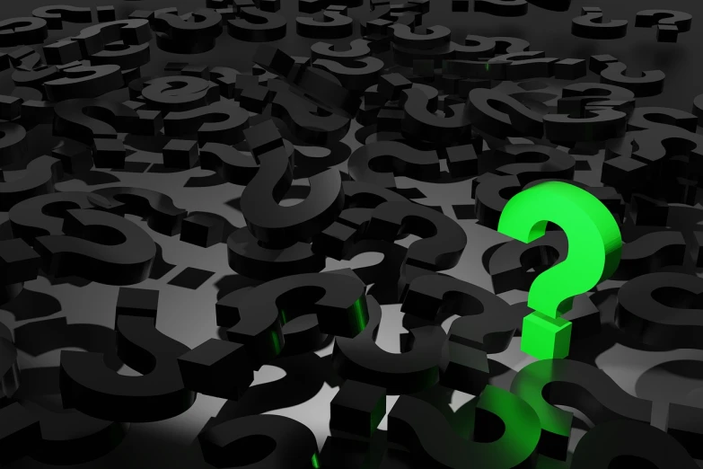 a green question mark surrounded by black dollar signs, trending on pixabay, find the hidden object, 3d with depth of field, big crowd, dark. no text