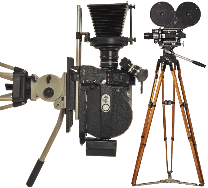 an old movie camera sitting on top of a tripod, a portrait, bauhaus, front back view and side view, arriflex 35 bl camera, screens, highly detailed barlowe 8 k