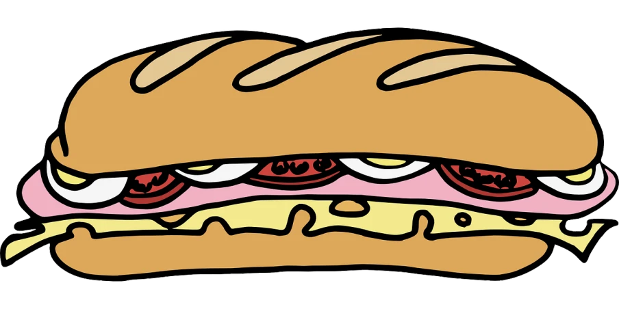 a close up of a sandwich on a white background, by Tom La Padula, pop art, digitally draw on wacom tablet, cartoon network stillframe, subway, jellymeat