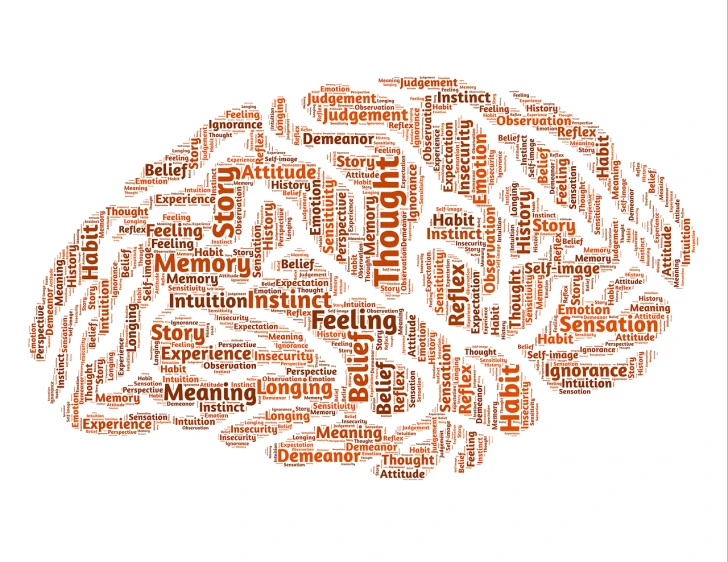 a word cloud in the shape of a human brain, trending on pixabay, conceptual art, nostalgic memory, orange, istockphoto, half image