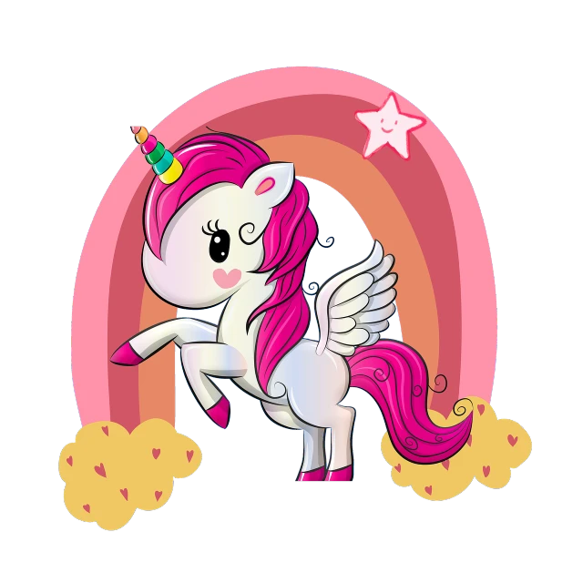 a cartoon unicorn flying in front of a rainbow, an illustration of, rasquache, on a flat color black background, pinky pie my little pony, mascot illustration, petite girl